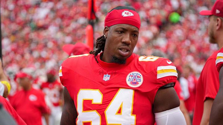 Sep 14, 2025; Kansas City, Missouri, USA; Kansas City Chiefs Wanya Morris (64) during the second half of the game against the Philadelphia Eagles at GEHA Field at Arrowhead Stadium. Mandatory Credit: Denny Medley-Imagn Images Sep 14, 2025; Kansas City, Missouri, USA; Kansas City Chiefs Wanya Morris (64) during the second half of the game against the Philadelphia Eagles at GEHA Field at Arrowhead Stadium. Mandatory Credit: Denny Medley-Imagn Images