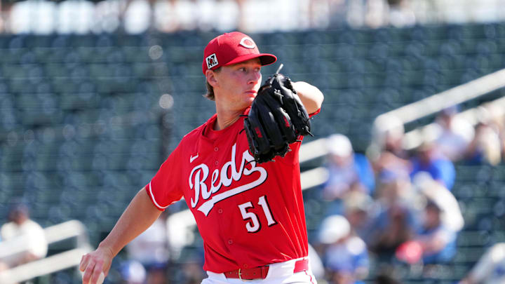 Feb 24, 2025; Goodyear, Arizona, USA; Cincinnati Reds pitcher Brady Singer (51) pitches against the Los Angeles Dodgers during the first inning at Goodyear Ballpark. Mandatory Credit: Joe Camporeale-Imagn Images Feb 24, 2025; Goodyear, Arizona, USA; Cincinnati Reds pitcher Brady Singer (51) pitches against the Los Angeles Dodgers during the first inning at Goodyear Ballpark. Mandatory Credit: Joe Camporeale-Imagn Images