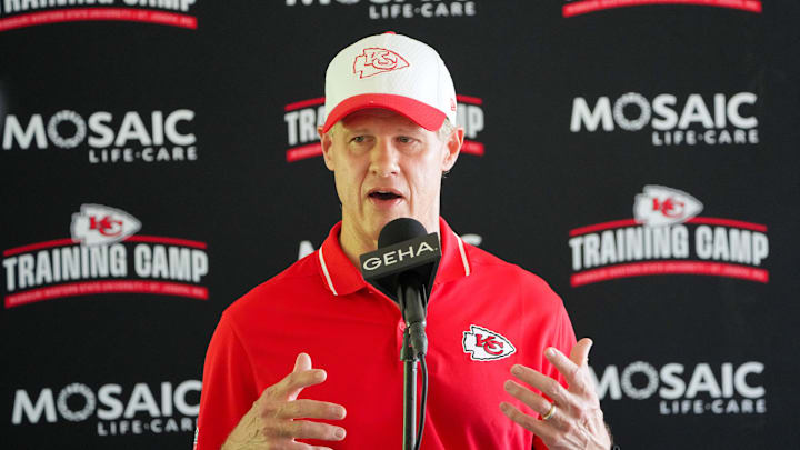Jul 22, 2024; St. Joseph, MO, USA; Kansas City Chiefs owner Clark Hunt talks with media after training camp at Missouri Western State University. Mandatory Credit: Denny Medley-Imagn Images