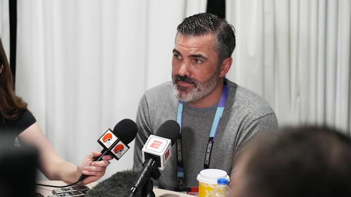 Mar 31, 2025; Palm Beach, FL, USA;  Cleveland Browns head coach Kevin Stefanski answers questions from the media during the NFL Annual League Meeting at The Breakers. Mandatory Credit: Jim Rassol-Imagn Images