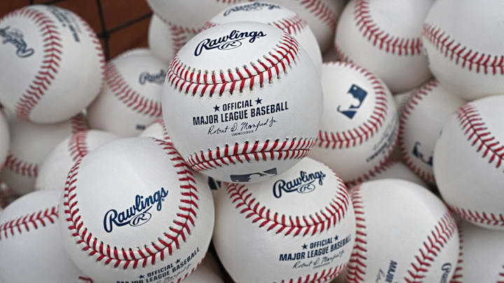 Sep 5, 2025; Kansas City, Missouri, USA; A general view of baseballs before a game between the Kansas City Royals and Minnesota Twins at Kauffman Stadium. Mandatory Credit: Peter Aiken-Imagn Images