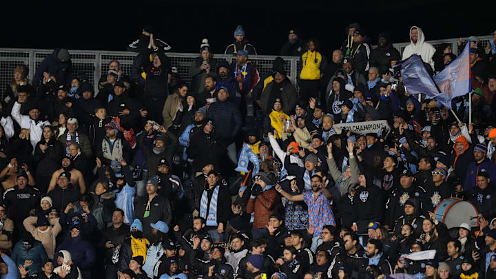 Nov 23, 2025; Chester, Pennsylvania, USA; New York City FC fans react during the game against the Philadelphia Union at Subaru Park. Mandatory Credit: James Lang-Imagn Images