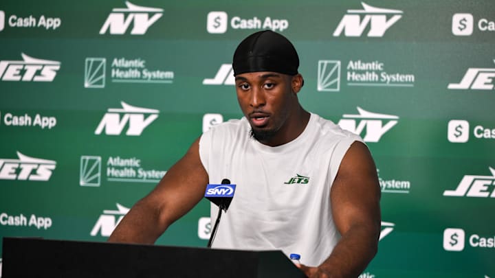 Jun 11, 2025; Florham Park, NY, USA; New York Jets running back Breece Hall (20) speaks at a press conference during minicamp at Atlantic Health Jets Training Center. Mandatory Credit: John Jones-Imagn Images