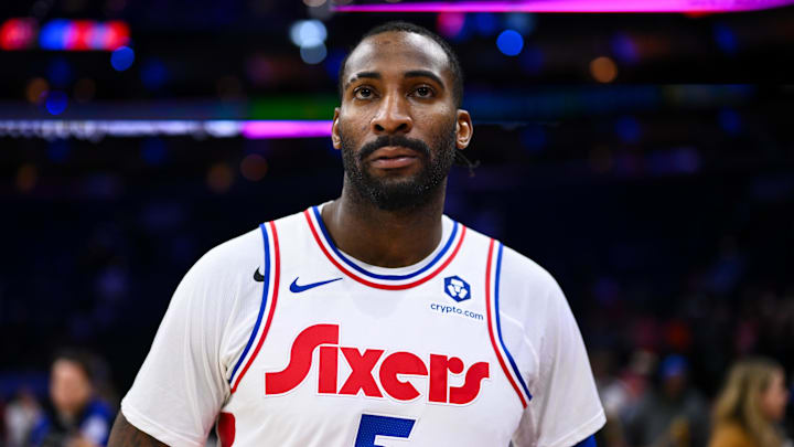 Nov 24, 2024; Philadelphia, Pennsylvania, USA; Philadelphia 76ers center Andre Drummond (5) looks on after the game against the Los Angeles Clippers at Wells Fargo Center. Mandatory Credit: Kyle Ross-Imagn Images