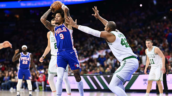 Nov 8, 2023; Philadelphia, Pennsylvania, USA; Philadelphia 76ers guard Kelly Oubre Jr (9) controls the ball against Boston Celtics center Al Horford (42) in the third quarter at Wells Fargo Center. Mandatory Credit: Kyle Ross-Imagn Images