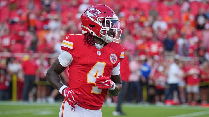 Sep 14, 2026; Kansas City, Missouri, USA; Kansas City Chiefs wide receiver Rashee Rice (4) warms up against the Denver Broncos prior to the game at GEHA Field at Arrowhead Stadium. Sep 14, 2026; Kansas City, Missouri, USA; Kansas City Chiefs wide receiver Rashee Rice (4) warms up against the Denver Broncos prior to the game at GEHA Field at Arrowhead Stadium.