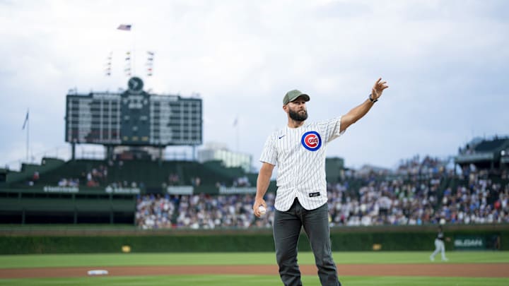 Former Cubs starting pitcher Jake Arrieta throwing out ceremonial first pitch
