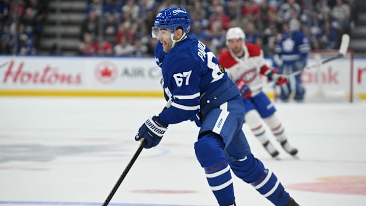 Sep 26, 2024; Toronto, Ontario, CAN;  Toronto Maple Leafs forward Max Pacioretty (67) skates with the puck against the Montreal Canadiens in the first period at Scotiabank Arena. Mandatory Credit: Dan Hamilton-Imagn Images