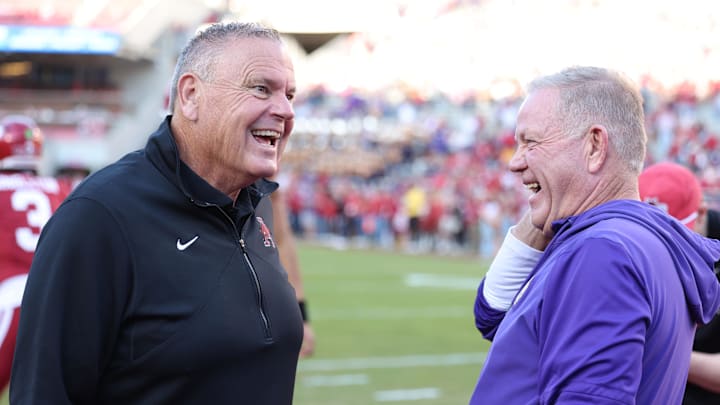 Arkansas Razorbacks head coach Sam Pittman talks to LSU Tigers head coach Brian Kelly Arkansas Razorbacks head coach Sam Pittman talks to LSU Tigers head coach Brian Kelly