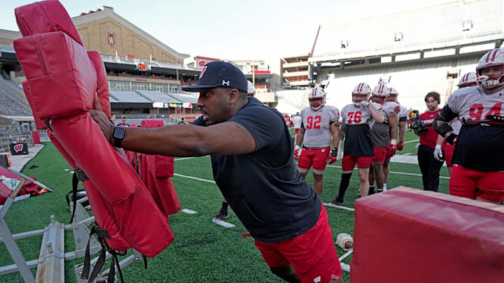 Defensive line coach Greg Scruggs is shown during practice