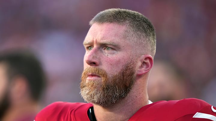 Oct 19, 2025; Santa Clara, California, USA; San Francisco 49ers center Jake Brendel (64) before the game against the Atlanta Falcons at Levi's Stadium. Mandatory Credit: Darren Yamashita-Imagn Images