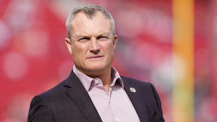 Dec 10, 2023; Santa Clara, California, USA; San Francisco 49ers general manager John Lynch stands on Dec 10, 2023; Santa Clara, California, USA; San Francisco 49ers general manager John Lynch stands on