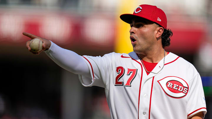 Cincinnati Reds first baseman Sal Stewart (27) asks for an official review of a force out in the first inning of the MLB Opening Day game between the Cincinnati Reds and the Boston Red Sox at Great American Ball Park in downtown Cincinnati on Thursday, March 26, 2026. The game was tied at 0 after four innings.