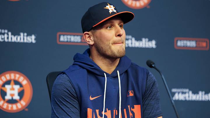 Astros new center fielder Daulton Varsho speaks with the media before the game against his former team minutes after he was dealt Astros new center fielder Daulton Varsho speaks with the media before the game against his former team minutes after he was dealt