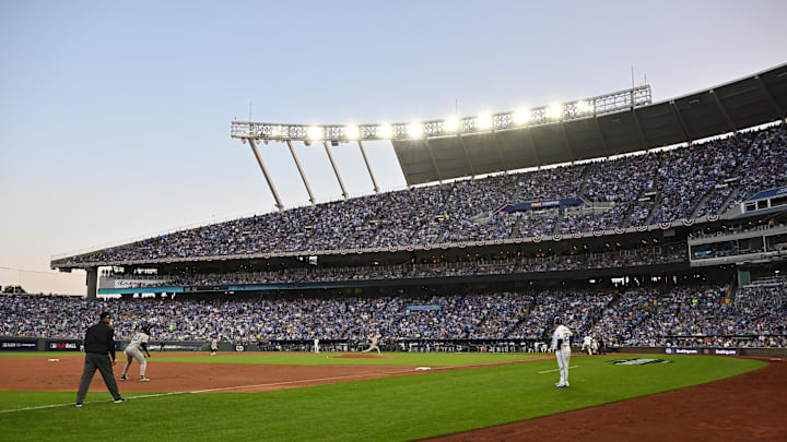 Oct 9, 2024; Kansas City, Missouri, USA; General view of th stadium in the second inning between the New York Yankees and the Kansas City Royals during game three of the ALDS for the 2024 MLB Playoffs at Kauffman Stadium. Mandatory Credit: Peter Aiken-Imagn Images