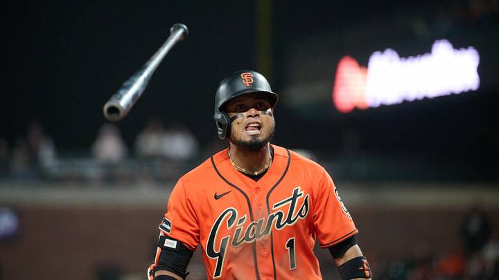 San Francisco, California, USA; San Francisco Giants infielder Luis Arraez (1) reacts after drawing a walk against Colorado Rockies pitcher Jordan Romano (not pictured) during the ninth inning at Oracle Park. Mandatory Credit: Robert Edwards-Imagn Images San Francisco, California, USA; San Francisco Giants infielder Luis Arraez (1) reacts after drawing a walk against Colorado Rockies pitcher Jordan Romano (not pictured) during the ninth inning at Oracle Park. Mandatory Credit: Robert Edwards-Imagn Images
