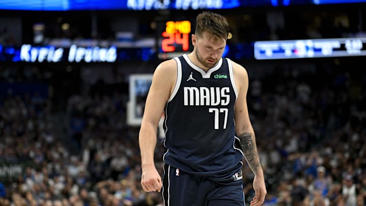 May 13, 2024; Dallas, Texas, USA; Dallas Mavericks guard Luka Doncic (77) walks back up the court May 13, 2024; Dallas, Texas, USA; Dallas Mavericks guard Luka Doncic (77) walks back up the court