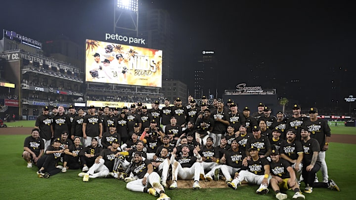 Oct 2, 2024; San Diego, California, USA; San Diego Padres players celebrate after winning the Wildcard round for the 2024 MLB Playoffs against the Atlanta Braves at Petco Park. Mandatory Credit: Denis Poroy-Imagn Images Oct 2, 2024; San Diego, California, USA; San Diego Padres players celebrate after winning the Wildcard round for the 2024 MLB Playoffs against the Atlanta Braves at Petco Park. Mandatory Credit: Denis Poroy-Imagn Images