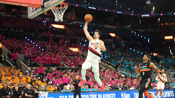 Apr 19, 2026; San Antonio, Texas, USA; Portland Trail Blazers forward Deni Avdija (8) goes up to dunk during the second half of game one of the first round of the 2026 NBA Playoffs against the San Antonio Spurs at Frost Bank Center. Mandatory Credit: Scott Wachter-Imagn Images