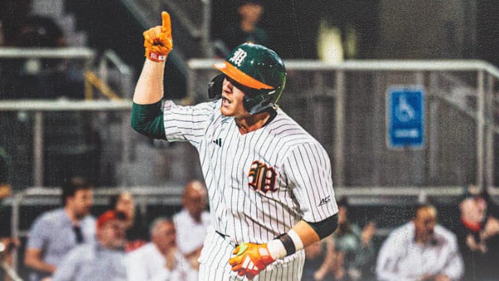 Miami Hurricanes center fielder Michael Torres Celebrating a hit against Lehigh Miami Hurricanes center fielder Michael Torres Celebrating a hit against Lehigh