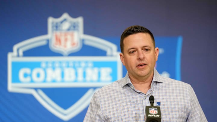 Feb 24, 2026; Indianapolis, IN, USA; New England Patriots general manager Eliot Wolf speaks at the NFL Scouting Combine at the Indiana Convention Center. Mandatory Credit: Kirby Lee-Imagn Images Feb 24, 2026; Indianapolis, IN, USA; New England Patriots general manager Eliot Wolf speaks at the NFL Scouting Combine at the Indiana Convention Center. Mandatory Credit: Kirby Lee-Imagn Images