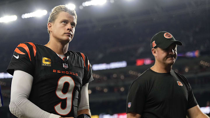 Cincinnati Bengals quarterback Joe Burrow and coach Zac Taylor walk off the field following a loss to the Washington Commanders on Sept. 23, 2024. Cincinnati Bengals quarterback Joe Burrow and coach Zac Taylor walk off the field following a loss to the Washington Commanders on Sept. 23, 2024.