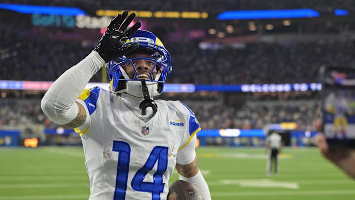 Nov 23, 2025; Inglewood, California, USA; Los Angeles Rams cornerback Cobie Durant (14) acknowledges the crowd after returning a pass thrown by Tampa Bay Buccaneers quarterback Baker Mayfield (not pictured) for a touchdown during the first quarter at SoFi Stadium. Mandatory Credit: Jayne Kamin-Oncea-Imagn Images