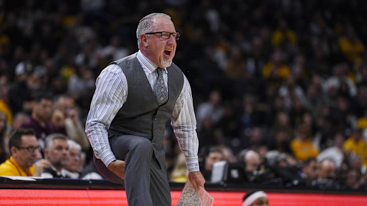 Feb 8, 2025; Columbia, Missouri, USA; Texas A&M Aggies head coach Buzz Williams reacts during the first half against the Missouri Tigers at Mizzou Arena. Mandatory Credit: Jay Biggerstaff-Imagn Images