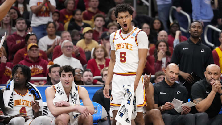 Mar 21, 2025; Milwaukee, WI, USA; Iowa State Cyclones guard Curtis Jones (5) celebrates after a play during the second half of a first round NCAA men’s tournament game against the Lipscomb Bisons at Fiserv Forum. Mandatory Credit: Jeff Hanisch-Imagn Images