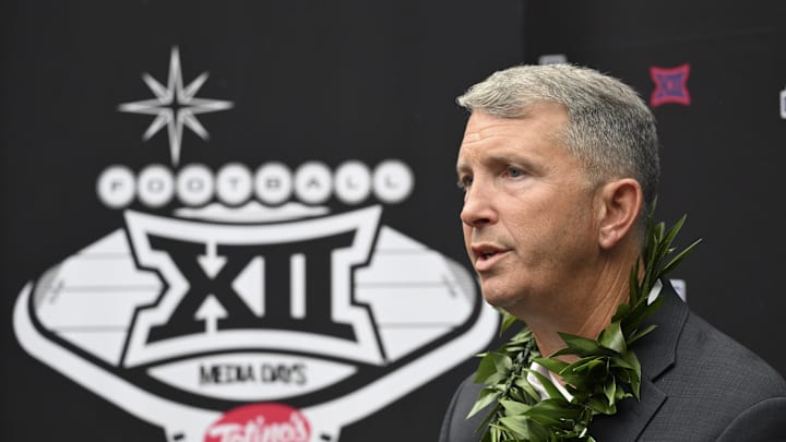 Jul 10, 2024; Las Vegas, NV, USA; Arizona Wildcats head coach Brent Brennan speaks to the media during the Big 12 Media Days at Allegiant Stadium. Mandatory Credit: Candice Ward-Imagn Images
