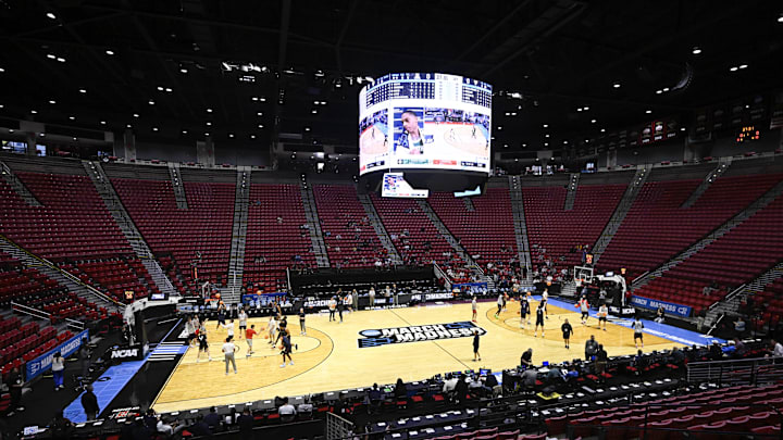 Mar 19, 2026; San Diego, CA, USA; Arizona Wildcats shoot during a practice session ahead of the first round of the men's 2026 NCAA Tournament at Viejas Arena. Mandatory Credit: Denis Poroy-Imagn Images