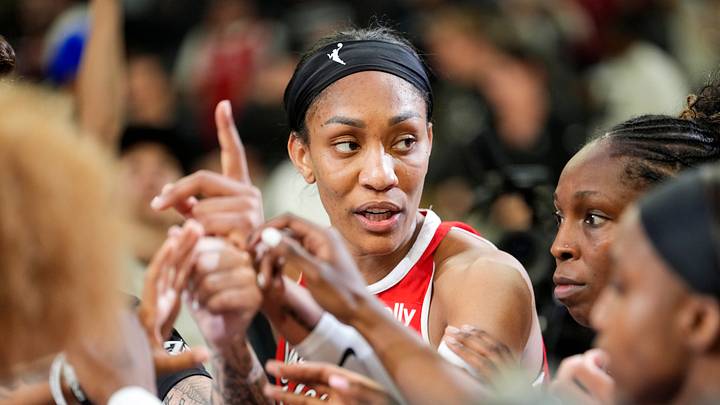 Jul 30, 2026; Las Vegas, Nevada, USA; Las Vegas Aces center A'ja Wilson (22) huddles with teammates after a WNBA basketball game against the New York Liberty at Michelob Ultra Arena. Mandatory Credit: Lucas Peltier-Imagn Images Jul 30, 2026; Las Vegas, Nevada, USA; Las Vegas Aces center A'ja Wilson (22) huddles with teammates after a WNBA basketball game against the New York Liberty at Michelob Ultra Arena. Mandatory Credit: Lucas Peltier-Imagn Images