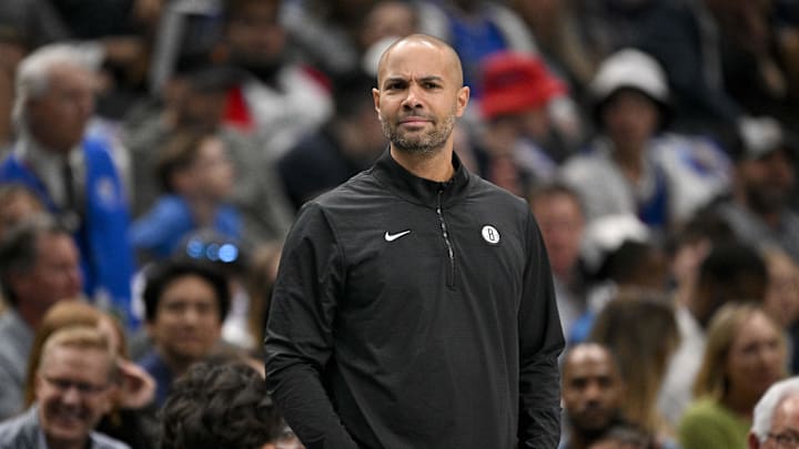 Mar 31, 2025; Dallas, Texas, USA; Brooklyn Nets head coach Jordi Fernandez during the game between the Dallas Mavericks and the Brooklyn Nets at the American Airlines Center. Mandatory Credit: Jerome Miron-Imagn Images