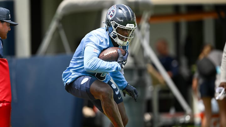 Jun 10, 2025; Nashville, TN, USA; Tennessee Titans running back Tyjae Spears (2) goes through running drills during minicamp at Nissan Stadium. Mandatory Credit: Steve Roberts-Imagn Images