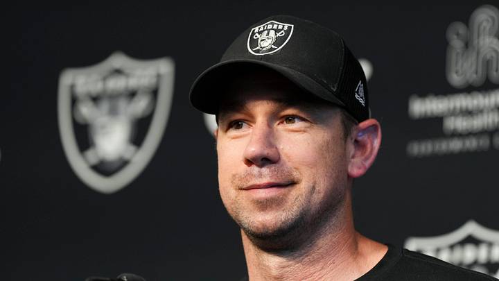  Las Vegas Raiders head coach Klint Kubiak at an OTA press conference.