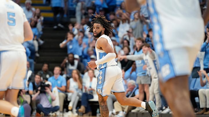 Nov 4, 2024; Chapel Hill, North Carolina, USA;  North Carolina Tar Heels guard RJ Davis (4) reacts in the second half at Dean E. Smith Center. Mandatory Credit: Bob Donnan-Imagn Images