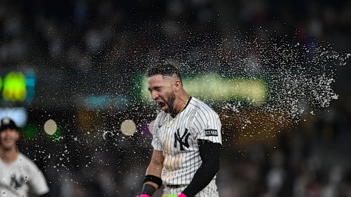 Sep 23, 2025; Bronx, New York, USA; New York Yankees shortstop Jose Caballero (72) reacts after hitting a walk off single against the Chicago White Sox during the ninth inning at Yankee Stadium. Mandatory Credit: John Jones-Imagn Images