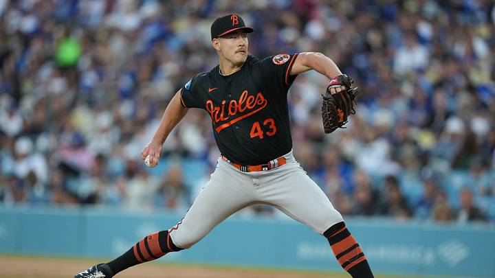 Jun 19, 2026; Los Angeles, California, USA; Baltimore Orioles pitcher Trey Gibson (43) throws during the first inning against the Los Angeles Dodgers at Dodger Stadium. Mandatory Credit: Kirby Lee-Imagn Images Jun 19, 2026; Los Angeles, California, USA; Baltimore Orioles pitcher Trey Gibson (43) throws during the first inning against the Los Angeles Dodgers at Dodger Stadium. Mandatory Credit: Kirby Lee-Imagn Images