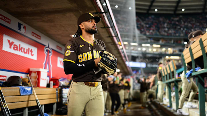 Apr 17, 2026; Anaheim, California, USA; San Diego Padres right fielder Fernando Tatis Jr. (23) gets ready to go on the field during the eighth inning against the Los Angeles Angels at Angel Stadium. Mandatory Credit: William Liang-Imagn Images