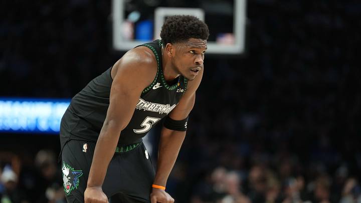 May 15, 2026; Minneapolis, Minnesota, USA; Minnesota Timberwolves guard Anthony Edwards (5) looks on against the San Antonio Spurs in the first half during game six of the second round of the 2026 NBA Playoffs at Target Center. Mandatory Credit: Jesse Johnson-Imagn Images