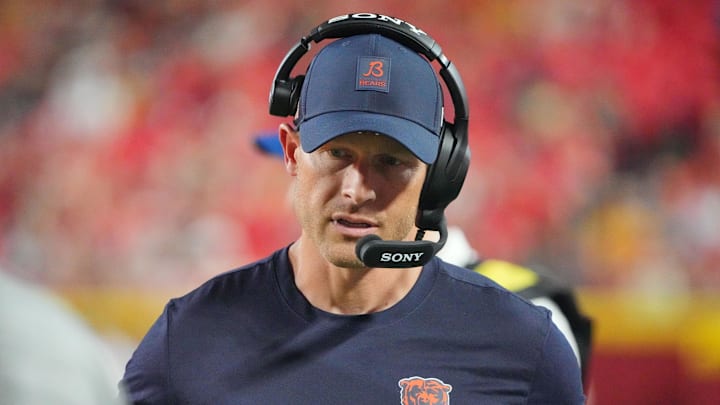 Aug 22, 2025; Kansas City, Missouri, USA; Chicago Bears head coach Ben Johnson on field against the Kansas City Chiefs during the second half of the game at GEHA Field at Arrowhead Stadium. Mandatory Credit: Denny Medley-Imagn Images