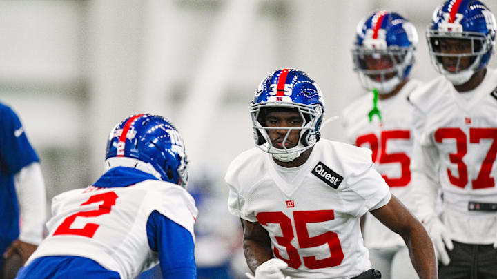 New York Giants cornerback Art Green (35) and cornerback Deonte Banks (2) participate in a drill during minicamp at Quest Diagnostics Training Center.  