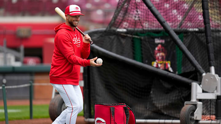 Cincinnati Reds Game Planning/Infield Coach Jeff Pickler hits grounders during the final preseason workout ahead of Opening Day at Great American Ball Park in downtown Cincinnati on Wednesday, March 27, 2024. Cincinnati Reds Game Planning/Infield Coach Jeff Pickler hits grounders during the final preseason workout ahead of Opening Day at Great American Ball Park in downtown Cincinnati on Wednesday, March 27, 2024.