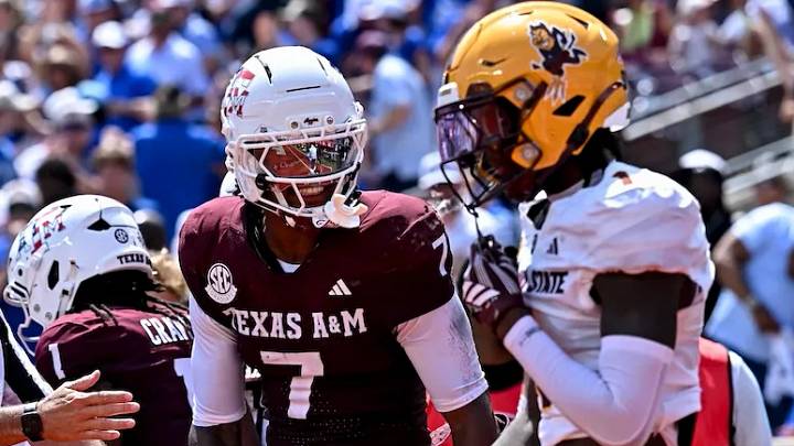 Sep 12, 2026; College Station, Texas, USA; Texas A&M Aggies wide receiver Isaiah Horton (7) reacts after scores a touchdown during the third quarter against Arizona State Sun Devils at Kyle Field. Sep 12, 2026; College Station, Texas, USA; Texas A&M Aggies wide receiver Isaiah Horton (7) reacts after scores a touchdown during the third quarter against Arizona State Sun Devils at Kyle Field.