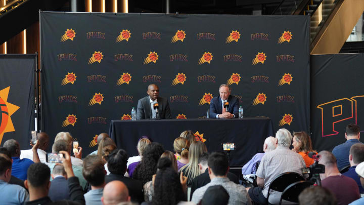 May 17, 2024; Phoenix, AZ, USA; Mike Budenholzer speaks alongside General Manager James Jones during a press conference to announce his job as head coach of the Phoenix Suns. Mandatory Credit: Joe Camporeale-USA TODAY Sports