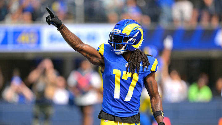 Sep 28, 2025; Inglewood, California, USA; Los Angeles Rams wide receiver Davante Adams (17) celebrates after a touchdown in the first half against the Indianapolis Colts at SoFi Stadium. Mandatory Credit: Jayne Kamin-Oncea-Imagn Images Sep 28, 2025; Inglewood, California, USA; Los Angeles Rams wide receiver Davante Adams (17) celebrates after a touchdown in the first half against the Indianapolis Colts at SoFi Stadium. Mandatory Credit: Jayne Kamin-Oncea-Imagn Images