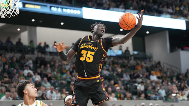 Feb 21, 2026; Waco, Texas, USA; Arizona State Sun Devils center Massamba Diop (35) grabs a rebound against the Baylor Bears during the first half at Paul and Alejandra Foster Pavilion.