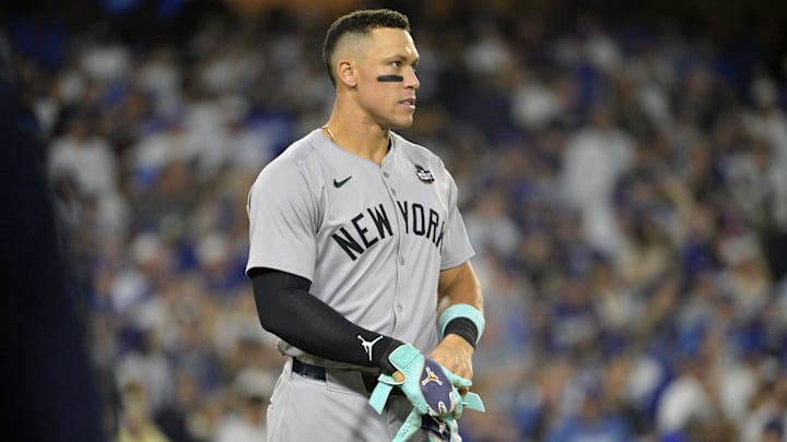 Oct 26, 2024; Los Angeles, California, USA; New York Yankees outfielder Aaron Judge (99) reacts after striking out in the sixth inning against the Los Angeles Dodgers during game two of the 2024 MLB World Series at Dodger Stadium. Mandatory Credit: Jayne Kamin-Oncea-Imagn Images Oct 26, 2024; Los Angeles, California, USA; New York Yankees outfielder Aaron Judge (99) reacts after striking out in the sixth inning against the Los Angeles Dodgers during game two of the 2024 MLB World Series at Dodger Stadium. Mandatory Credit: Jayne Kamin-Oncea-Imagn Images