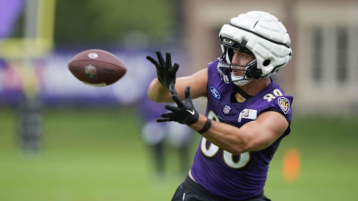 Jul 27, 2023; Owings Mills, MD, USA; Baltimore Ravens tight end Charlie Kolar (88) catches a pass during training camp practice at Under Armour Performance Center. Mandatory Credit: Brent Skeen-USA TODAY Sports
