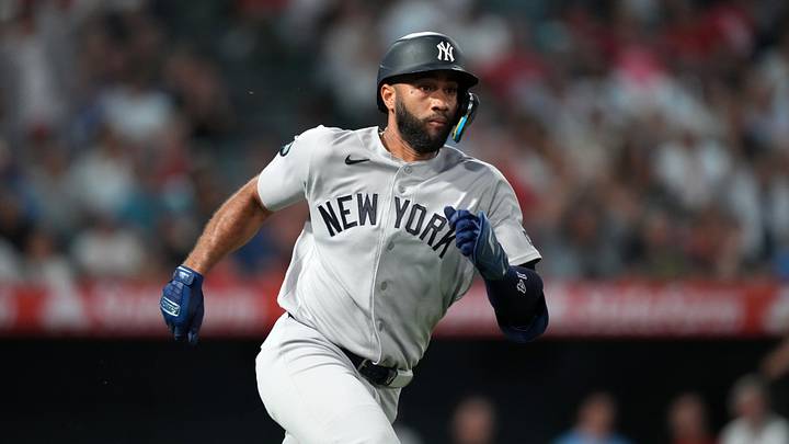 New York Yankees third baseman Amed Rosario (14) runs the bases after hitting a RBI double in the fourth inning against the Los Angeles Angels at Angel Stadium.